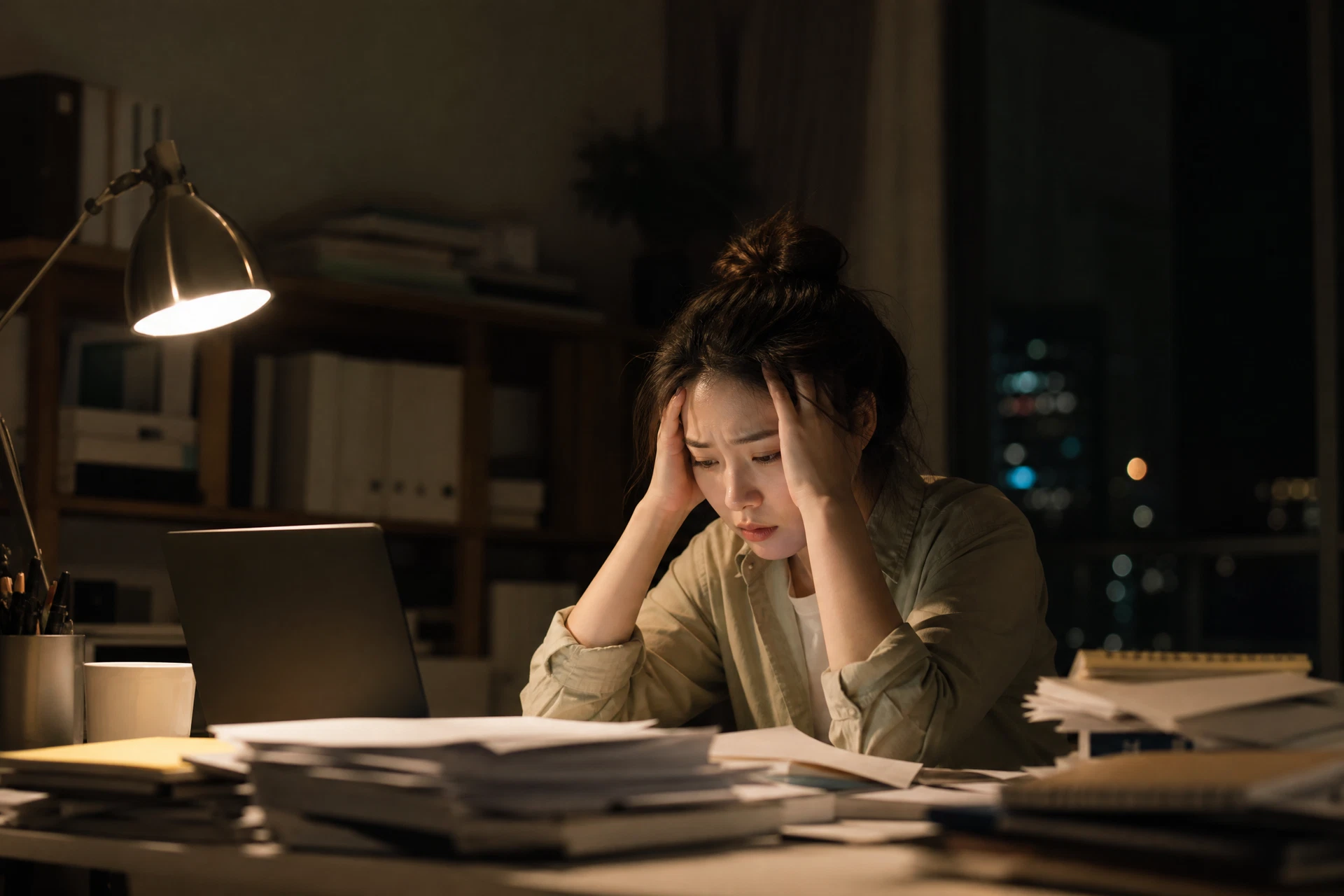 深夜在书桌前加班感到疲惫的女生