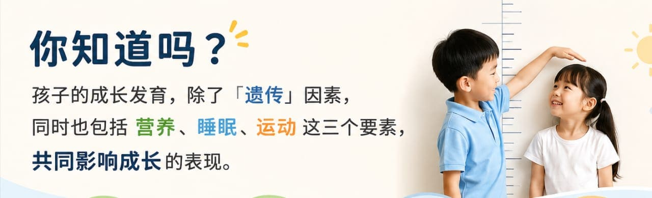 孩子的成长发育受遗传、营养、睡眠、运动共同影响
